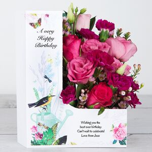 www.flowercard.co.uk Personalised Birthday Flowercard with Deep Water Roses, Spray Carnations, Lisianthus, Waxflower, Ruscus