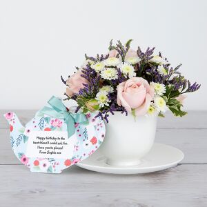 www.flowercard.co.uk Bubbles Spray Roses, Lilac Limonium and Pittosporum inside Bone China Teacup and Saucer