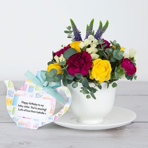 www.flowercard.co.uk Yellow Spray Roses, Purple Veronicas, Carnations and Eucalyptus in Keepsake Teacup