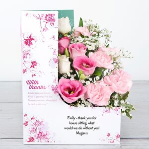 www.flowercard.co.uk Personalised Thank You Flowers with with Spray Carnations, Lisianthus, Gypsophila, Pittosporum and Chico Leaf