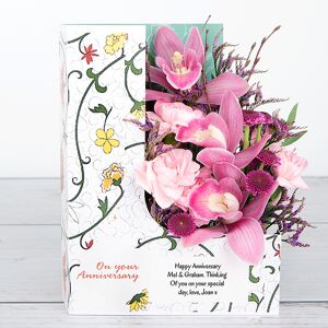 www.flowercard.co.uk Cymbidium Orchids and Pink Spray Carnations with Lilac Willow and Limonium Wedding Anniversary Flowers