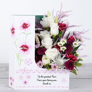 www.flowercard.co.uk Mother's Day Flowers with Spray Carnations, Santini, Lisianthus, Pink Tree Fern, Pittosporum and Chico Leaf