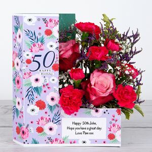 www.flowercard.co.uk 50th Birthday Flowers with Dutch Roses, Bi-purple Spray Carnations, Lilac Limonium and Gypsophila