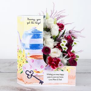 www.flowercard.co.uk New Home Celebration Flowers with Spray Carnations, Santini, Lisianthus, Tree Fern, Wheat Heads, Pittosporum and Chico Leaf