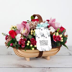 www.flowercard.co.uk Dutch Roses and Pink Orchids with Berries and Carnations Flower Trug