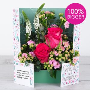 www.flowercard.co.uk Birthday Flowercard with Dutch Roses, Cerise Kalanchoe, Veronica and Eucalyptus Gunnii
