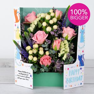 www.flowercard.co.uk Birthday Flowers with Lilac Spray Roses, Veronica, Lemon Hypericum, Lilac Limonium and Eucalyptus