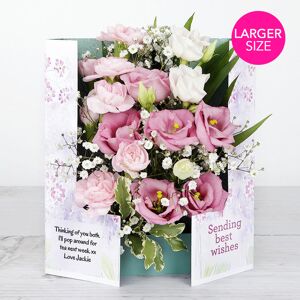 www.flowercard.co.uk Sending Best Wishes' Flowercard with Pink Carnations, Lisianthus, Gypsophila, Pittosporum and Chico Leaf