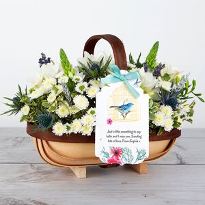 www.flowercard.co.uk Personalised Flower Trug with White Freesias, Ornithogalum, Santini and Sprigs of Lavender