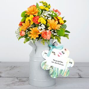 www.flowercard.co.uk Geen Ornithogalum, Yellow Santini and Orange Spray Carnations Flower Churn