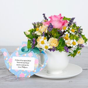 www.flowercard.co.uk Bone China Teacup with Pink Roses, Lavender stems, Carnations, Tanacetum and Limonium