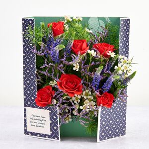 www.flowercard.co.uk King Charles' Coronation Celebration Flowercard with Red Roses, Veronica Spears, Limonium Feathers, Waxflower and Tree Fern