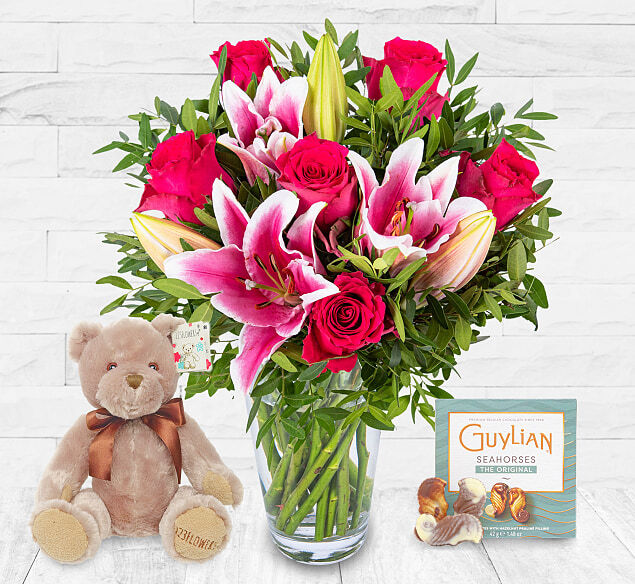 123 Flowers Roses and Lilies Cuddle Bundle