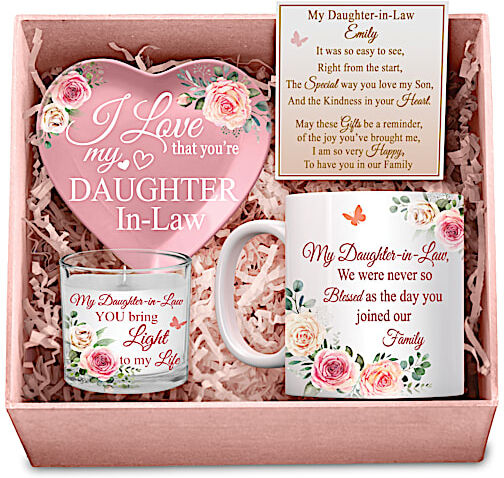 The Bradford Exchange My Daughter-In-Law, I Love You Pink Personalized Gift Box Set With Mug, Trinket Tray And Soy Candle - Personalized Jewelry