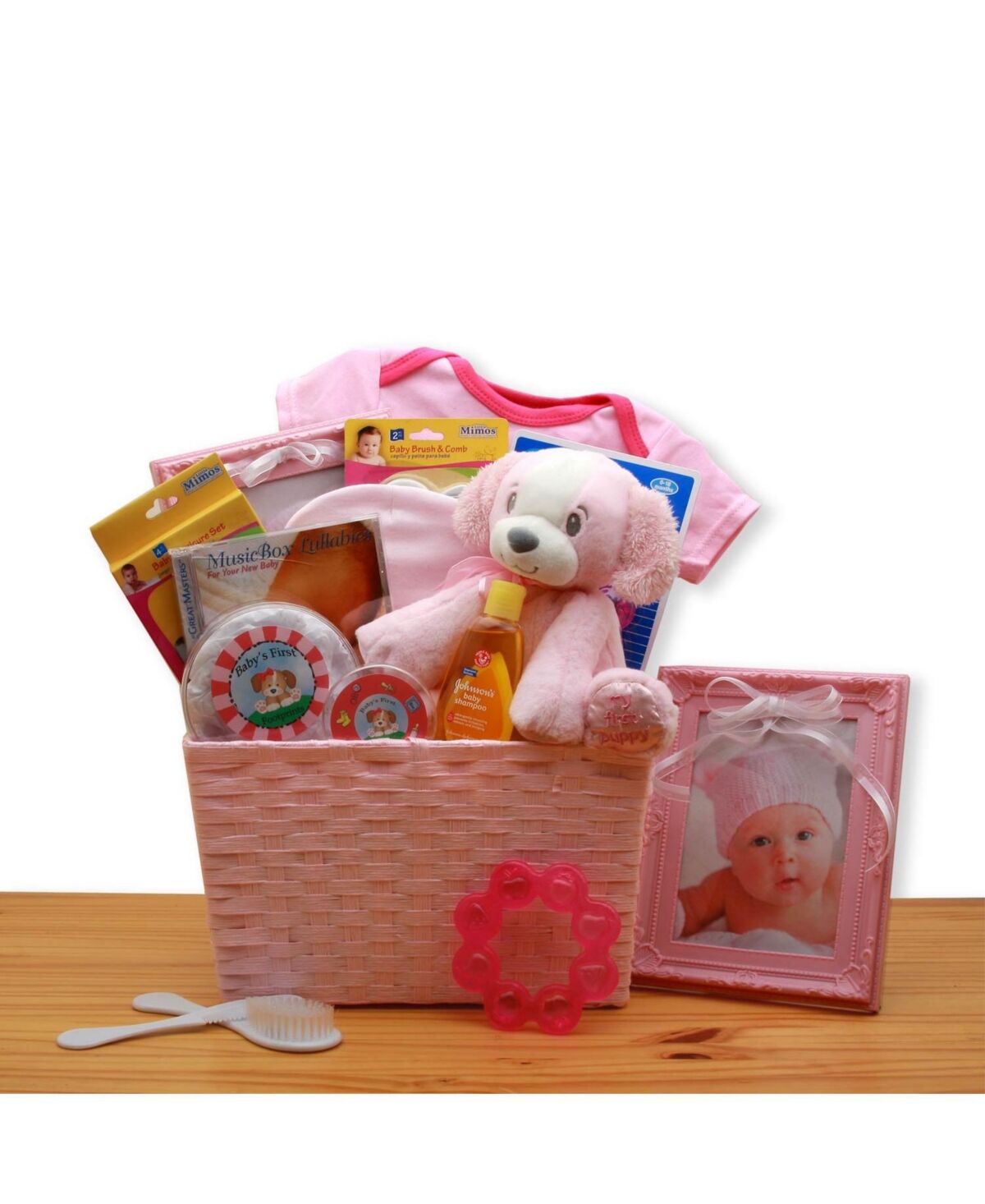 Gbds Puppy Love New Baby Gift Basket - Pink - baby bath set - baby girl gifts - 1 Basket