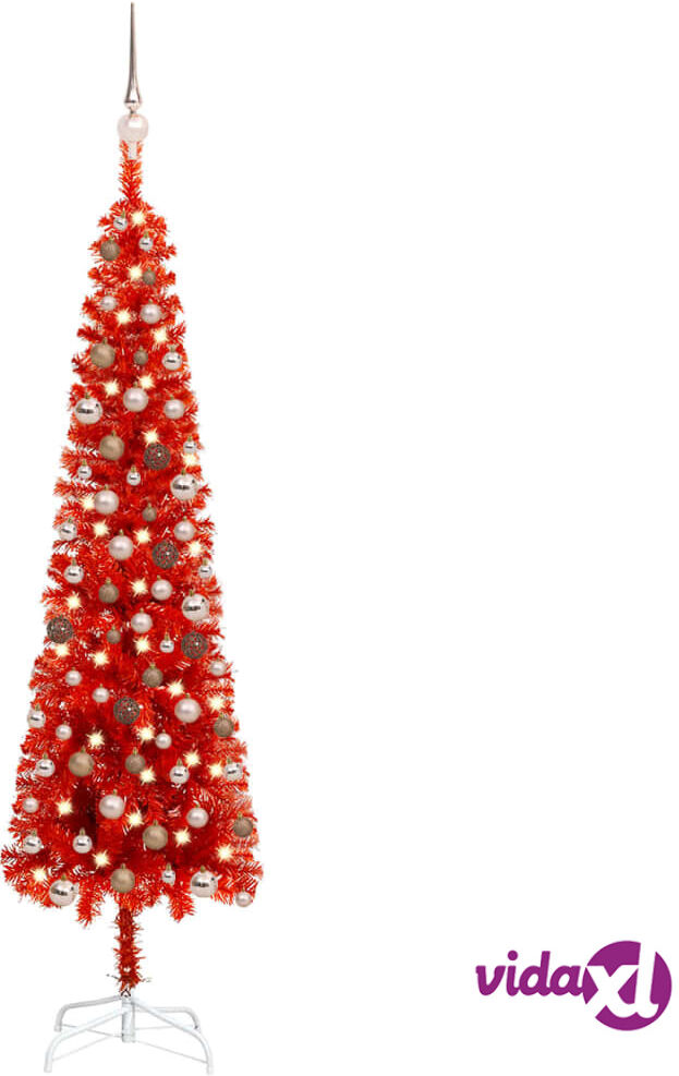 vidaXL Slim Christmas Tree with LEDs&Ball Set Red 180 cm