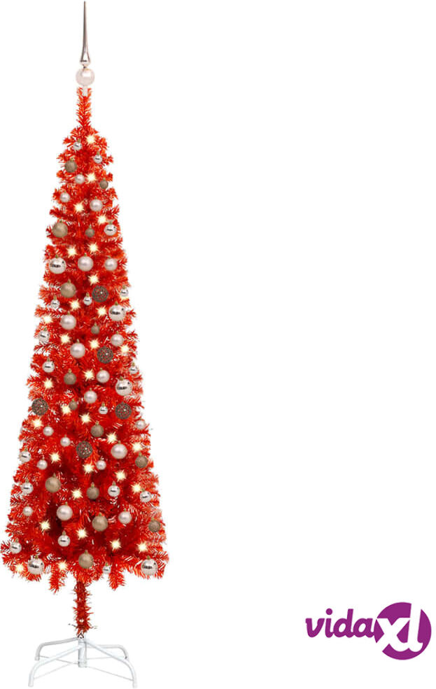 vidaXL Slim Christmas Tree with LEDs&Ball Set Red 210 cm