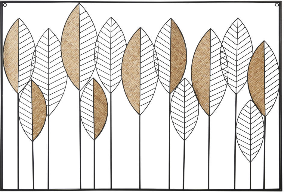 Maisons du Monde Wanddecoratie met bladeren van zwart metaal en plantaardige vezels 120 x 80 cm