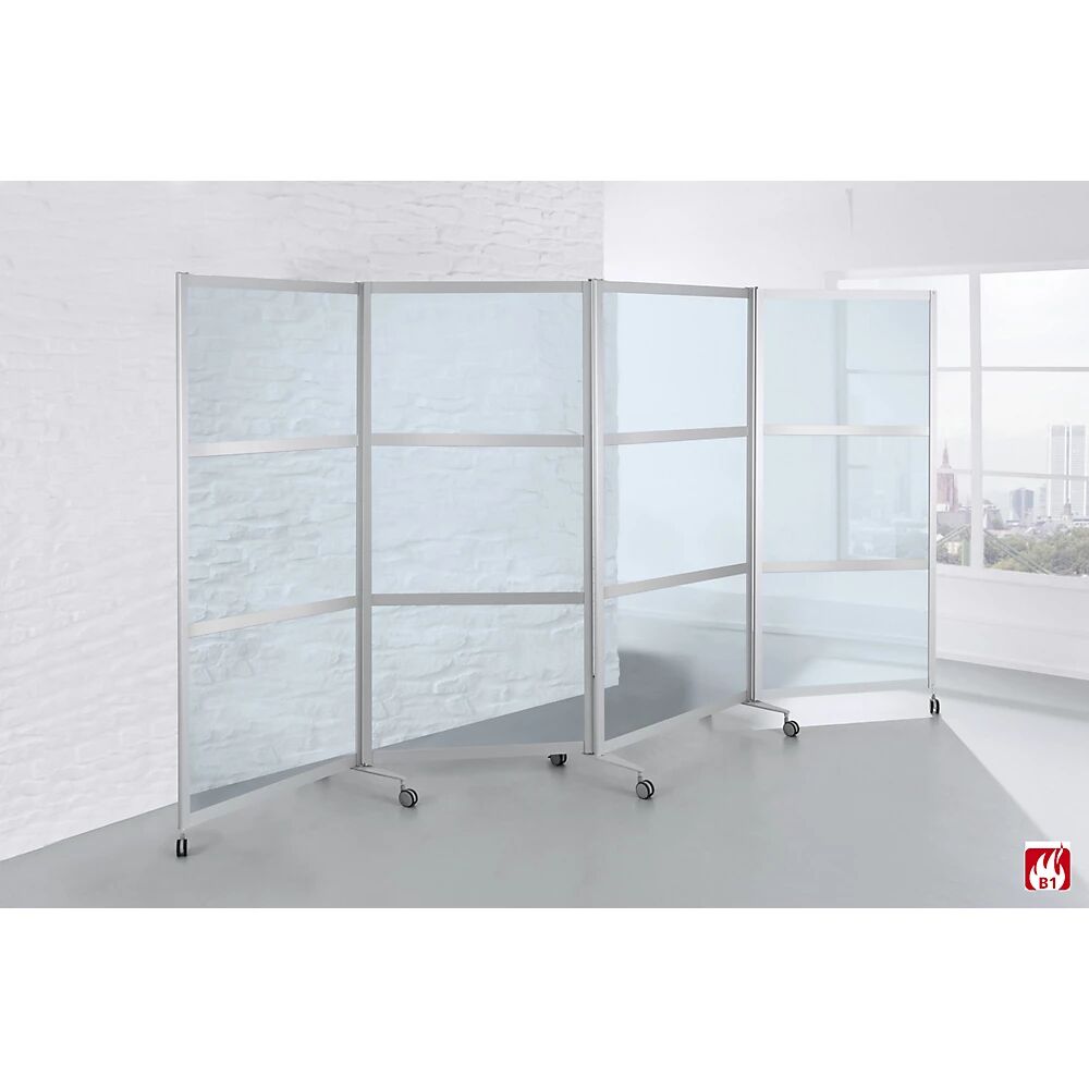 Mobile Faltstellwand, schwer entflammbar Alurahmen mit ESG-Sicherheitsglas HxBxT 1900 x 3700 x 450 mm, klar