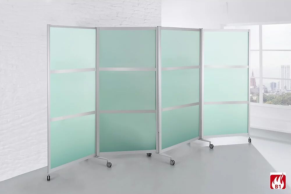 Mobile Faltstellwand, schwer entflammbar Alurahmen mit ESG-Sicherheitsglas HxBxT 1900 x 3700 x 450 mm, satiniert