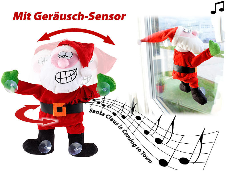 infactory Singender & tanzender Weihnachtsmann mit Saugnäpfen & Geräusch-Sensor