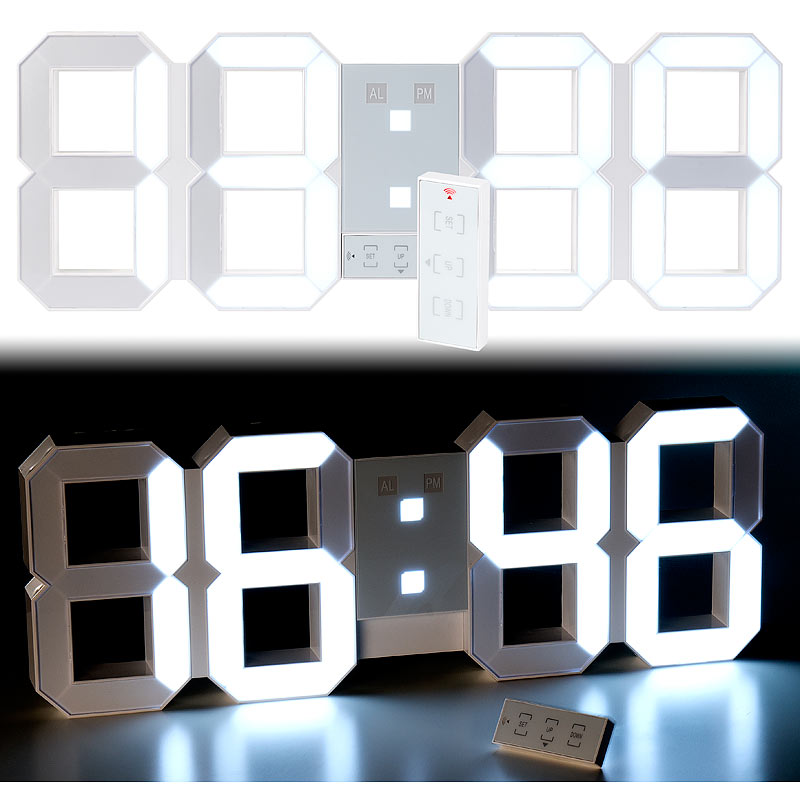 Lunartec Digitale XXL-LED-Tisch- & Wanduhr, 45 cm, dimmbar, Wecker, Fernbedien.