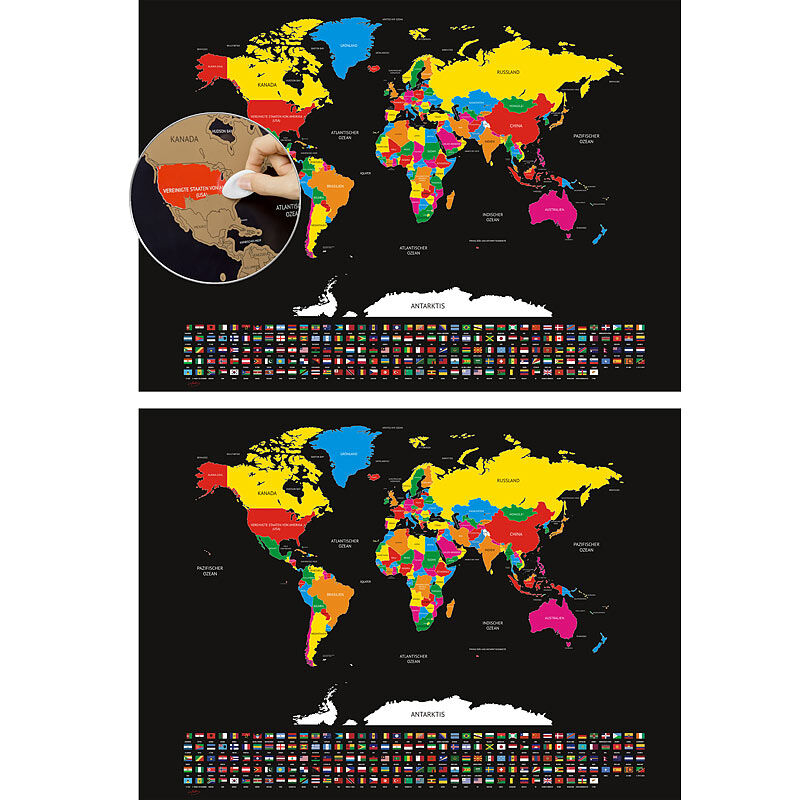 infactory 2er-Set XXL-Weltkarte mit Ländern und Flaggen zum Freirubbeln, 82x59cm