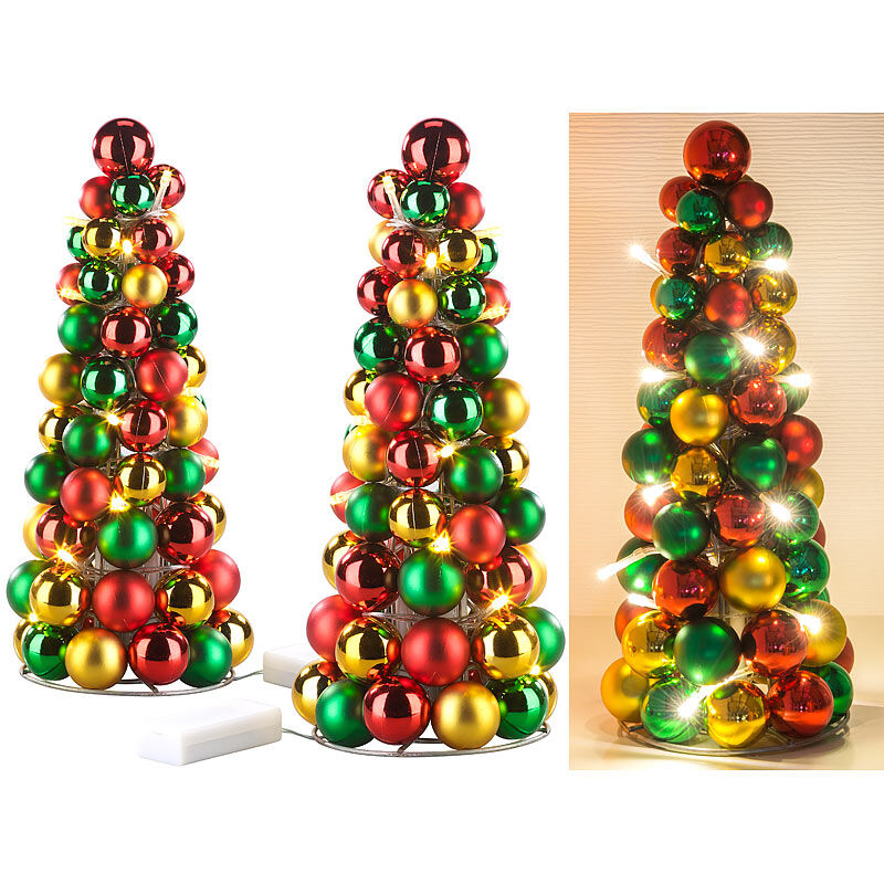 Britesta 2er-Set LED-beleuchtete Weihnachtsbaum-Pyramiden mit bunten Kugeln
