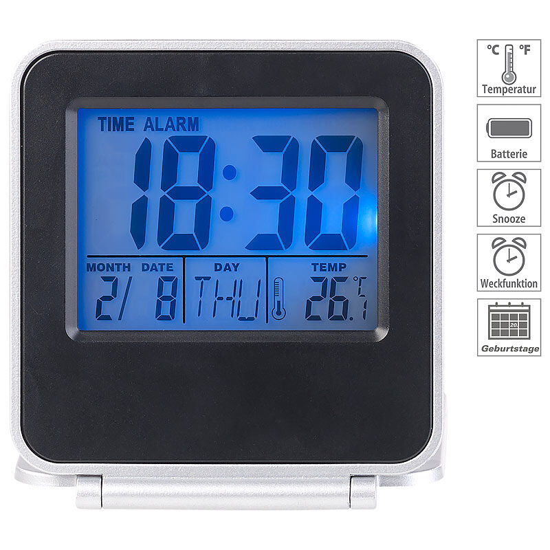 Pearl Kompakter Digital-Reisewecker mit Thermometer, Kalender und Timer