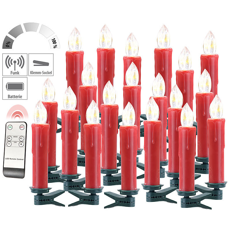Lunartec FUNK-Weihnachtsbaum-LED-Kerzen mit Fernbedienung, 20er-Set, rot