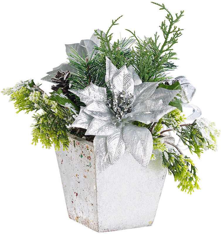 infactory Weihnachts-Gesteck mit Blumen, Zweigen, Zapfen und Kunst-Schnee, 22 cm