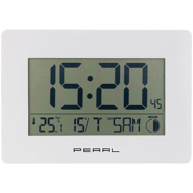 Pearl Funk-Wanduhr mit Jumbo-Uhrzeit, Temperatur- & Datums-Anzeige, weiß