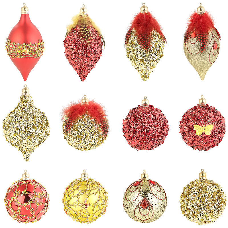 infactory 12er-Set Weihnachtsbaum-Kugeln mit Pailletten & Federn, rot und golden