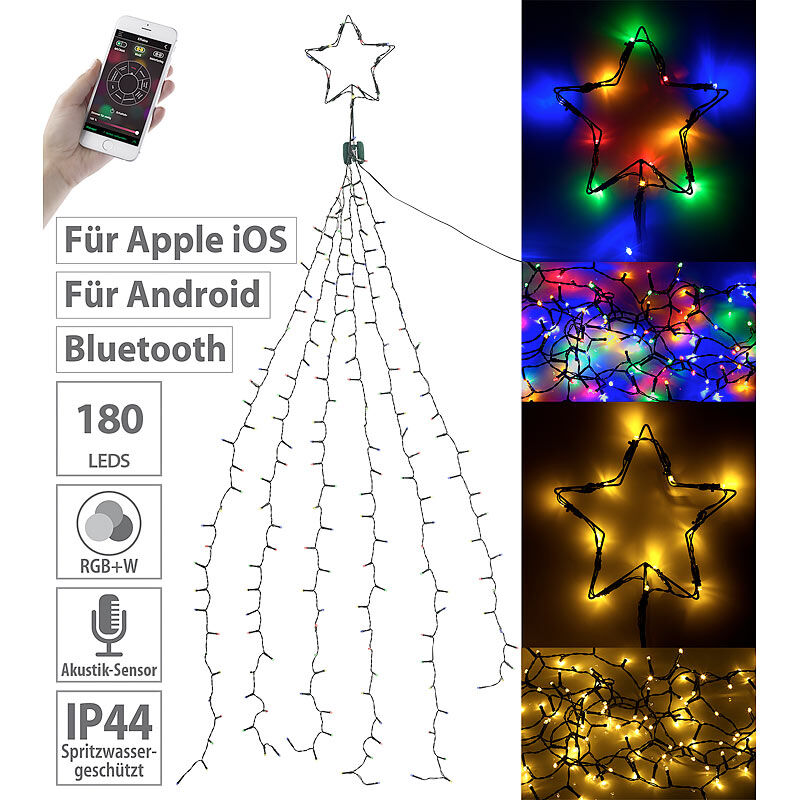 Lunartec Christbaum-Überwurf-Lichterkette, 180 RGBW-LEDs, Bluetooth & App, IP44