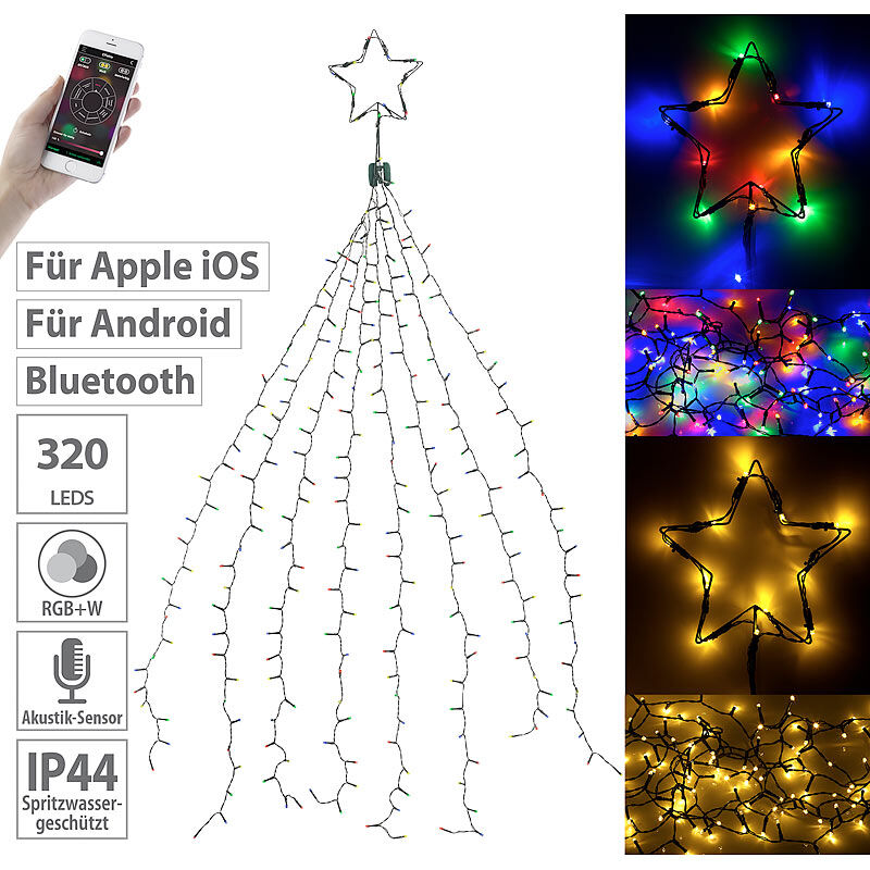 Lunartec Christbaum-Überwurf-Lichterkette, 320 RGBW-LEDs, Bluetooth & App, IP44