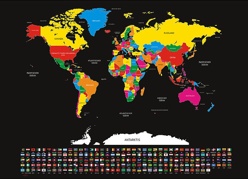 infactory XXL-Weltkarte mit Ländern und Flaggen zum Freirubbeln, 82 x 59 cm