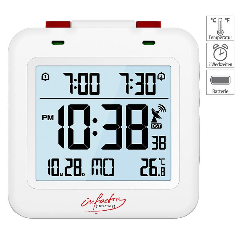 infactory Digitaler Reise-Funkwecker mit Thermometer, Datum, Dual-Alarm, weiß
