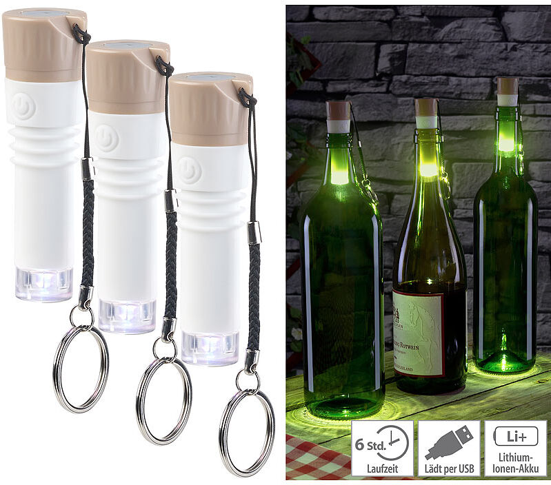 Lunartec 3er-Set LED-Weinflaschen-Lichter mit weißem Licht, per USB ladbar