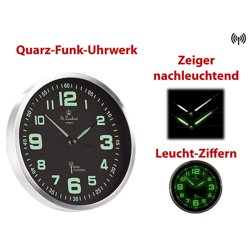 St. Leonhard Funk-Wanduhr mit Quarz-Uhrwerk, nachleuchtenden Ziffern und Zeigern