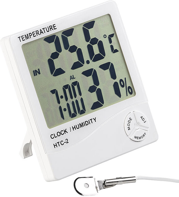 Pearl Digitales Thermometer & Hygrometer mit Außensensor, Uhr und Wecker