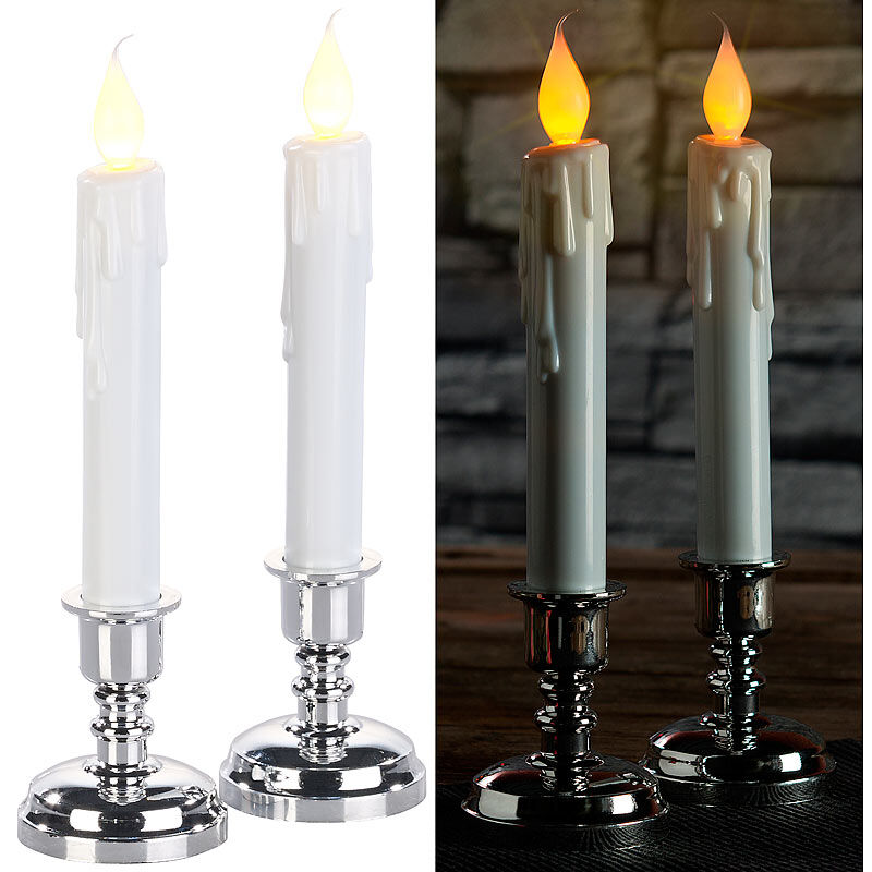 Britesta 2er-Set LED-Stabkerzen mit silbernem Kerzenständer, flackernde Flamme