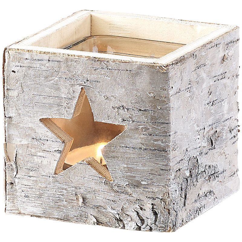 Britesta Windlicht aus Holz mit Stern-Motiv und herausnehmbarem Teelicht-Glas