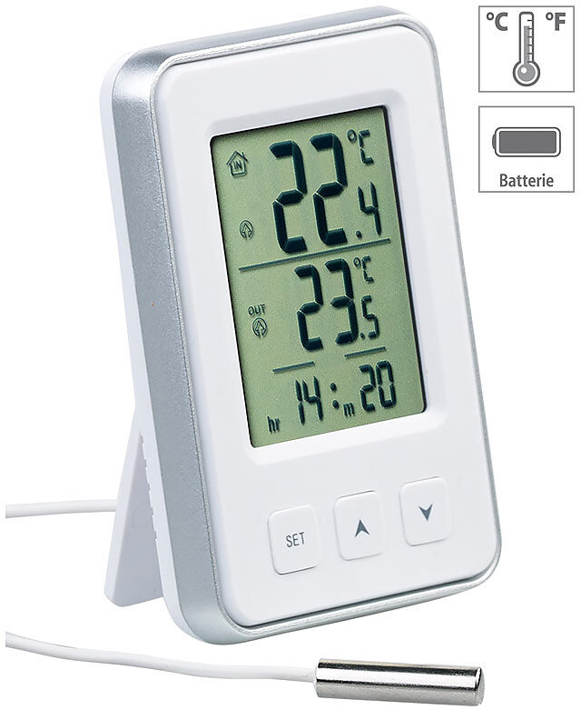 Pearl Digitales Innen- und Außen-Thermometer mit Uhrzeit und LCD-Display