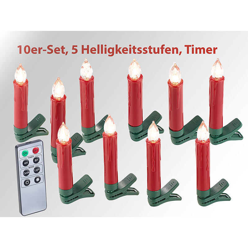 Lunartec 10er-Set LED-Weihnachtsbaum-Kerzen mit IR-Fernbedienung, rot