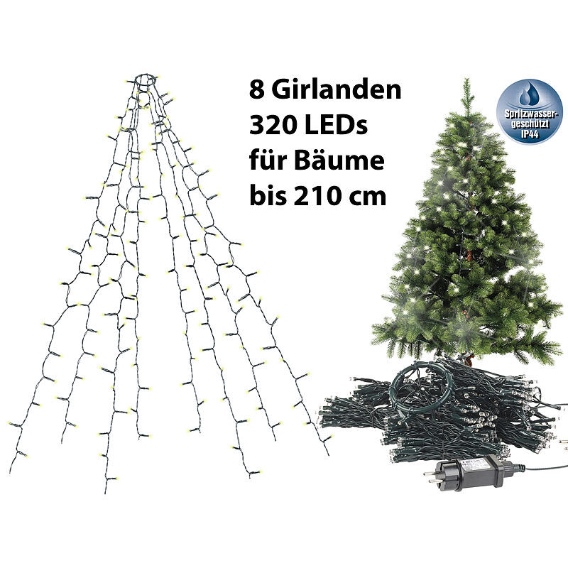Lunartec Weihnachtsbaum-Überwurf-Lichterkette mit 8 Girlanden & 320 LEDs, IP44