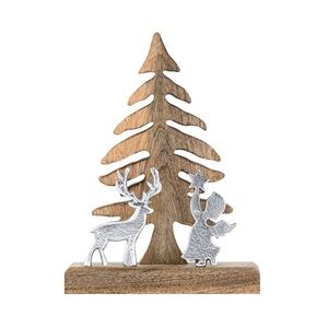 Amagohome Holzfigur Weihnachtsbaum mit Hirsch u. Engel 20x27cm Weihnachtsdeko Mangoholz Aluminium