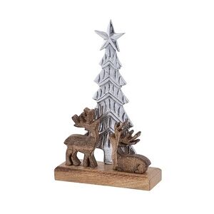 Amagohome Dekofigur Weihnachtsbaum mit Hirschen 20x31cm Weihnachtsdeko Mangoholz Aluminium