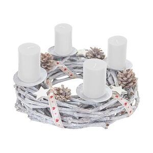 Mendler Adventskranz rund, Weihnachtsdeko Tischkranz, Holz Ø 30cm weiß-grau ~ mit Kerzen, weiß