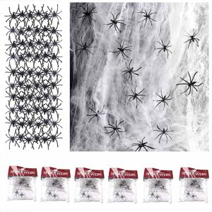 MINKUROW 6 Packungen Halloween-Spinnennetz-Dekoration, 6 x 100 g Spinnennetze mit 6 x 60 falschen Spinnen für Halloween-Deko-Stütze für