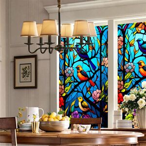 T Amazing Kitchen Bunte Blumen-Vogel-Buntglas-Fensterfolie, Nicht Klebend, Uv-Blockierend, Wärmeisolierung, Dekorativ, Statisch Haftend